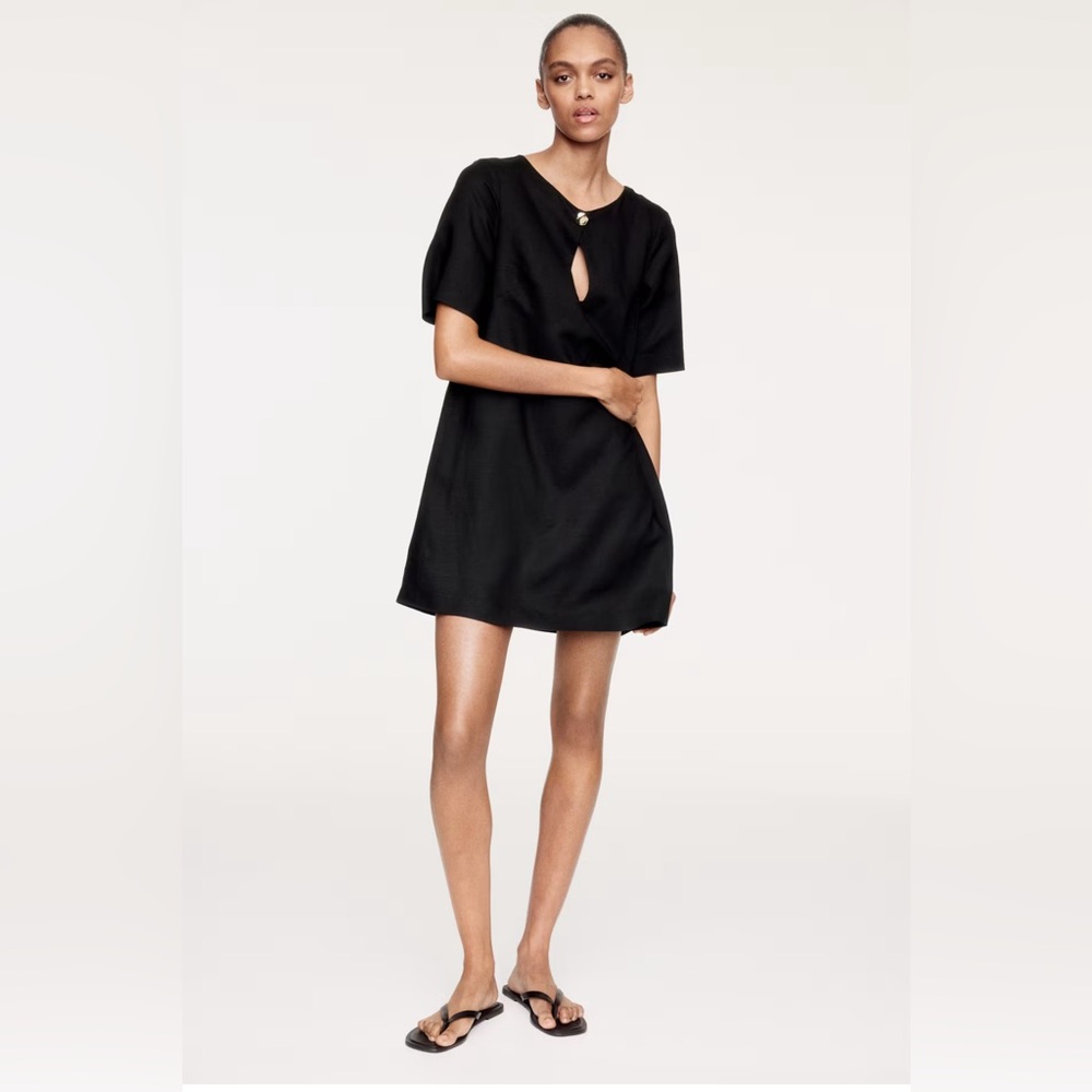 H&M Black Linen Blend Blouse with Gold Detail